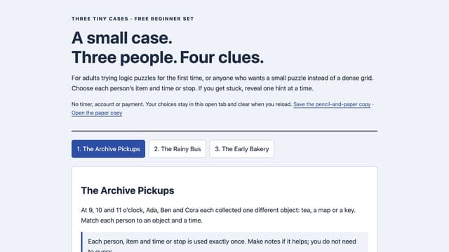 Three Tiny Cases — beginner logic puzzles 대표 이미지