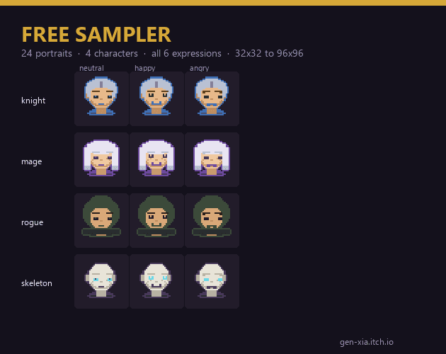 Free RPG Character Portraits - 24 Pixel Art Faces, All 6 Expressions cover